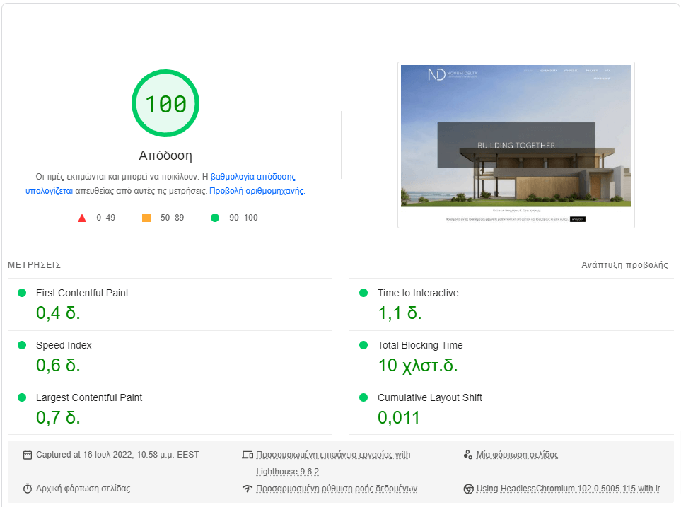Μετρήσεις φόρτωσης ιστοσελίδας απο το PageSpeed Insights της Google για την ιστοσελίδα novumdelta.gr